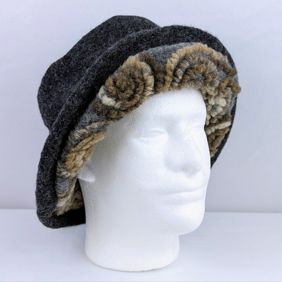 Filippo Catarzi Bucket Hat Wool Blend Flower Accent Textured Charcoal OSFM NWT main image 7